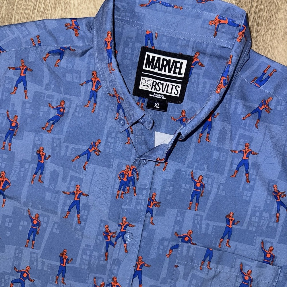 RSVLTS Marvel Spider Man The Meme Kunuflex Short Sleeve Shirt Men's XL Blue